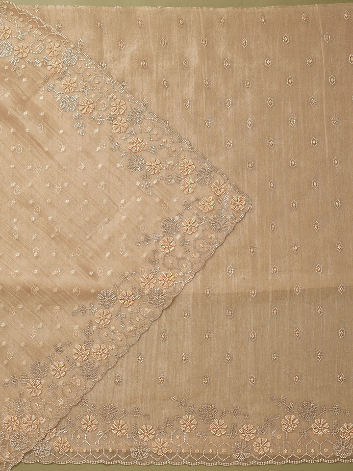 Beige Tissue Gold Stonework Unstitched Dress Material With Matching Bottom And Dupatta