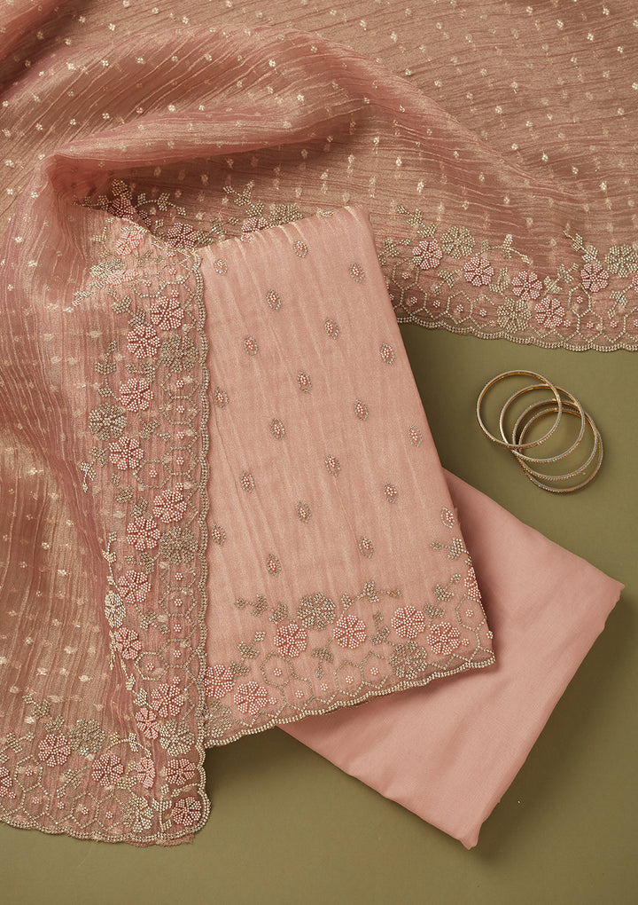 Peach Tissue Gold Stonework Unstitched Dress Material With Matching Bottom And Dupatta
