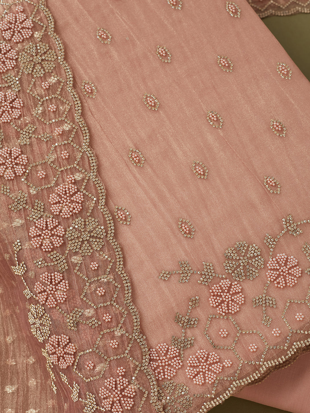 Peach Tissue Gold Stonework Unstitched Dress Material With Matching Bottom And Dupatta