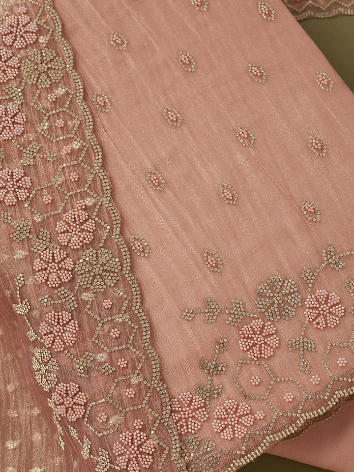 Peach Tissue Gold Stonework Unstitched Dress Material With Matching Bottom And Dupatta