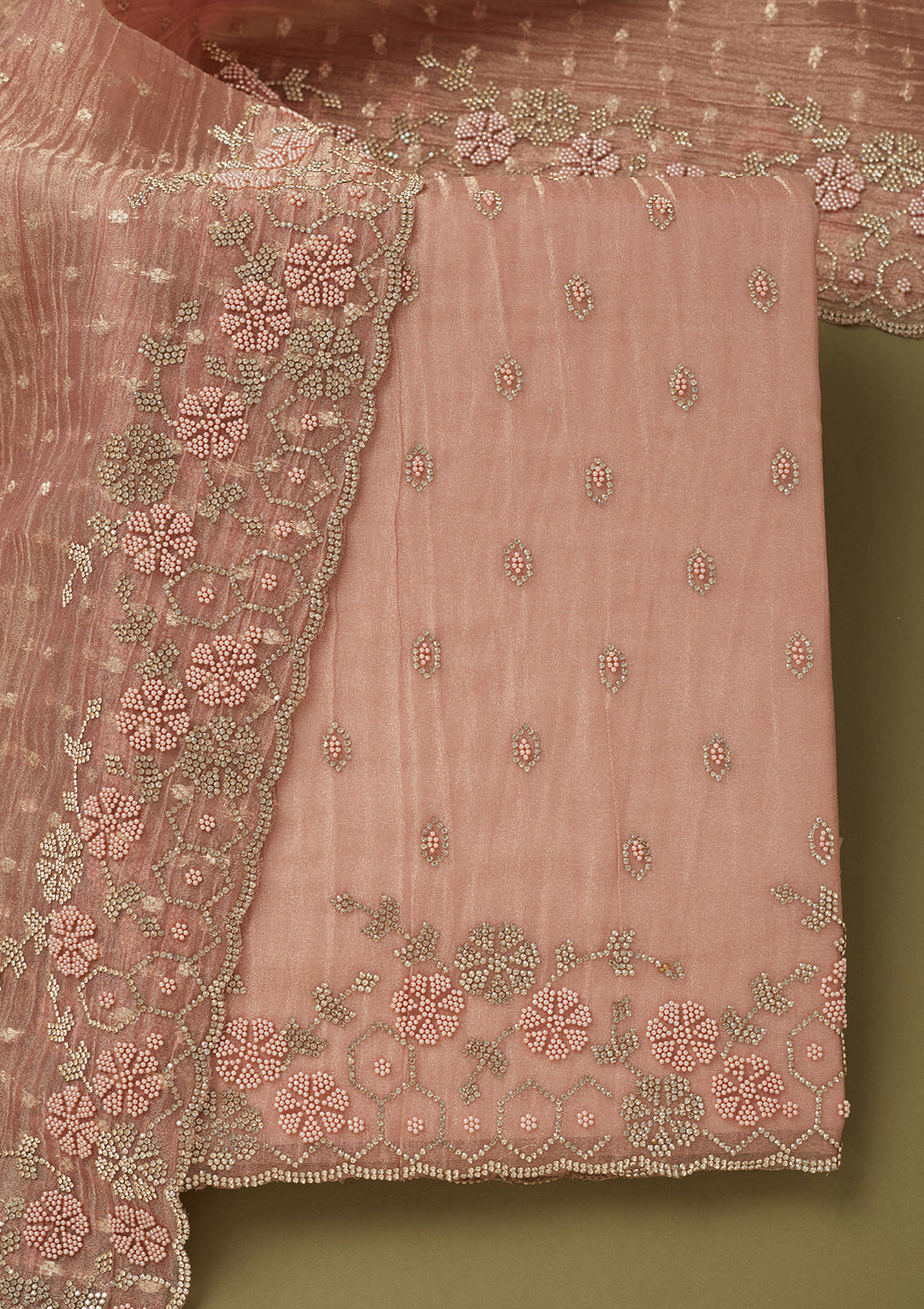Peach Tissue Gold Stonework Unstitched Dress Material With Matching Bottom And Dupatta