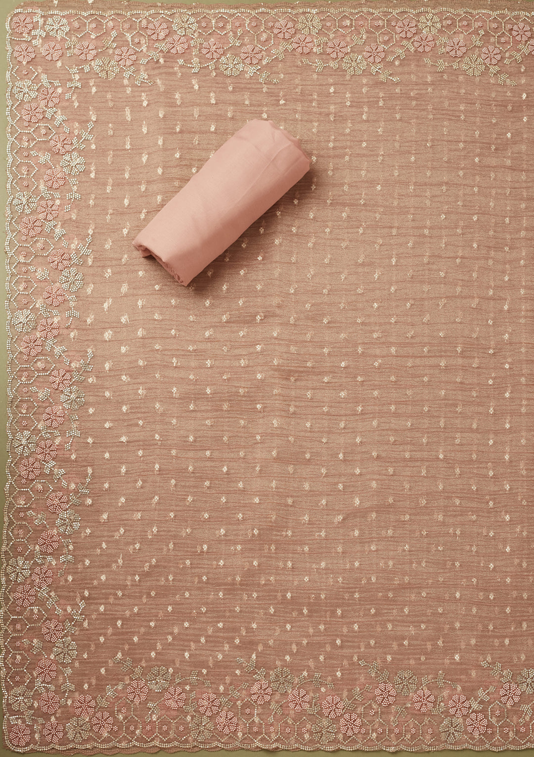 Peach Tissue Gold Stonework Unstitched Dress Material With Matching Bottom And Dupatta