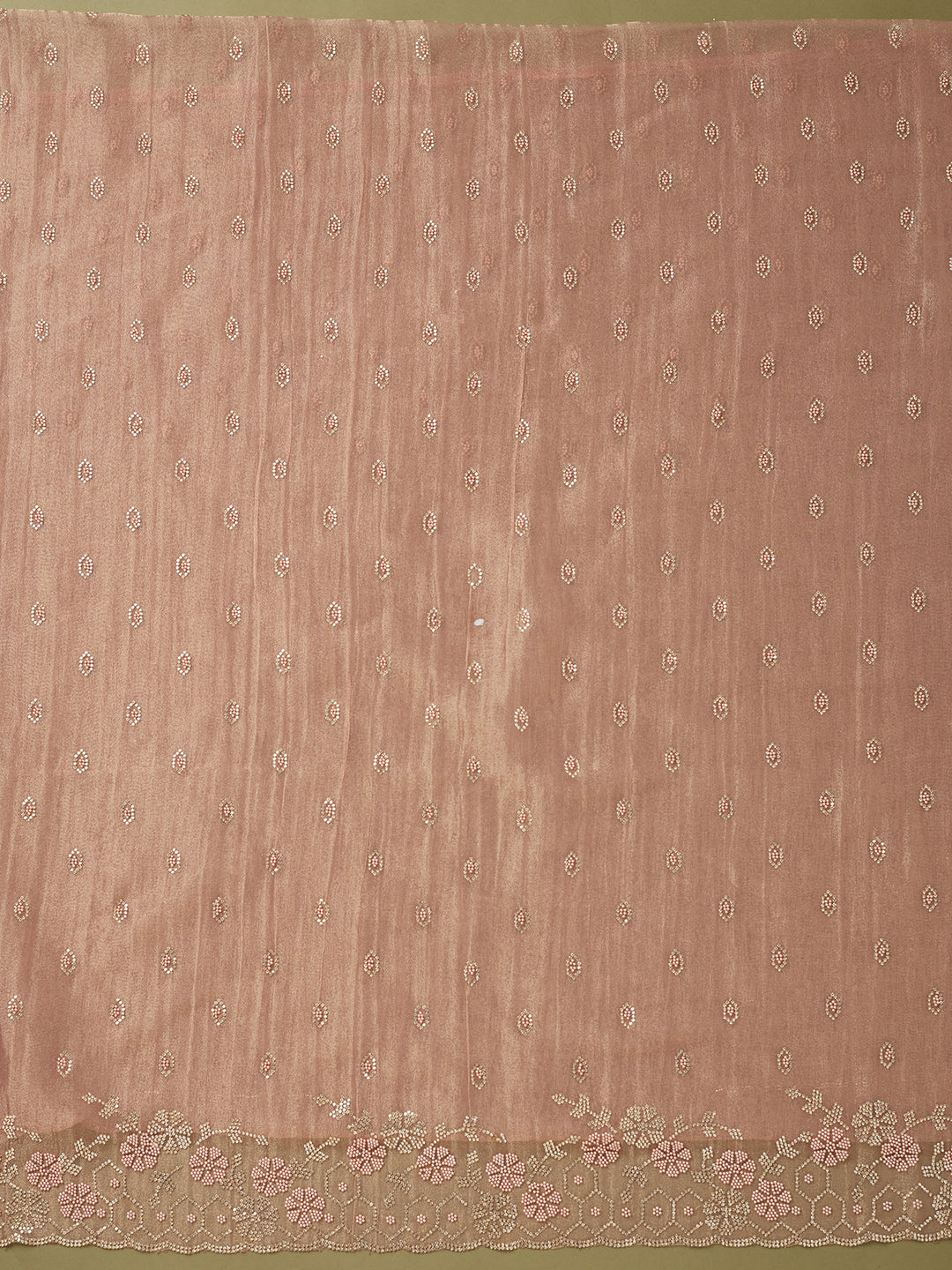 Peach Tissue Gold Stonework Unstitched Dress Material With Matching Bottom And Dupatta