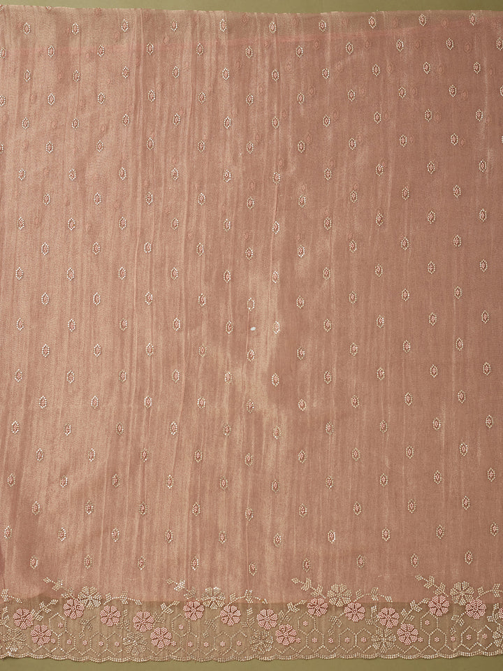 Peach Tissue Gold Stonework Unstitched Dress Material With Matching Bottom And Dupatta