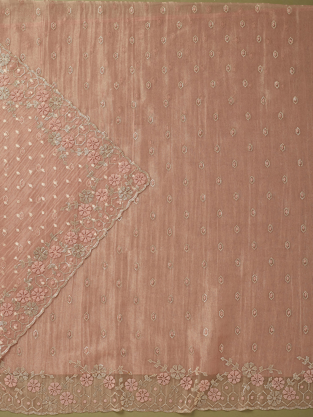 Peach Tissue Gold Stonework Unstitched Dress Material With Matching Bottom And Dupatta