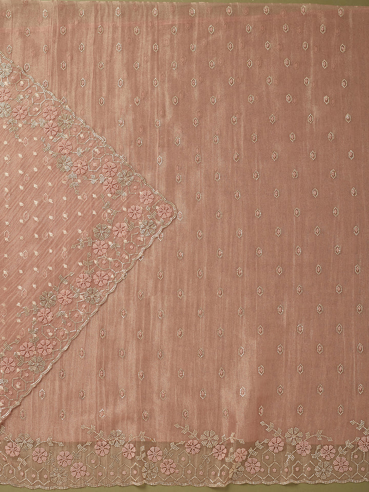 Peach Tissue Gold Stonework Unstitched Dress Material With Matching Bottom And Dupatta