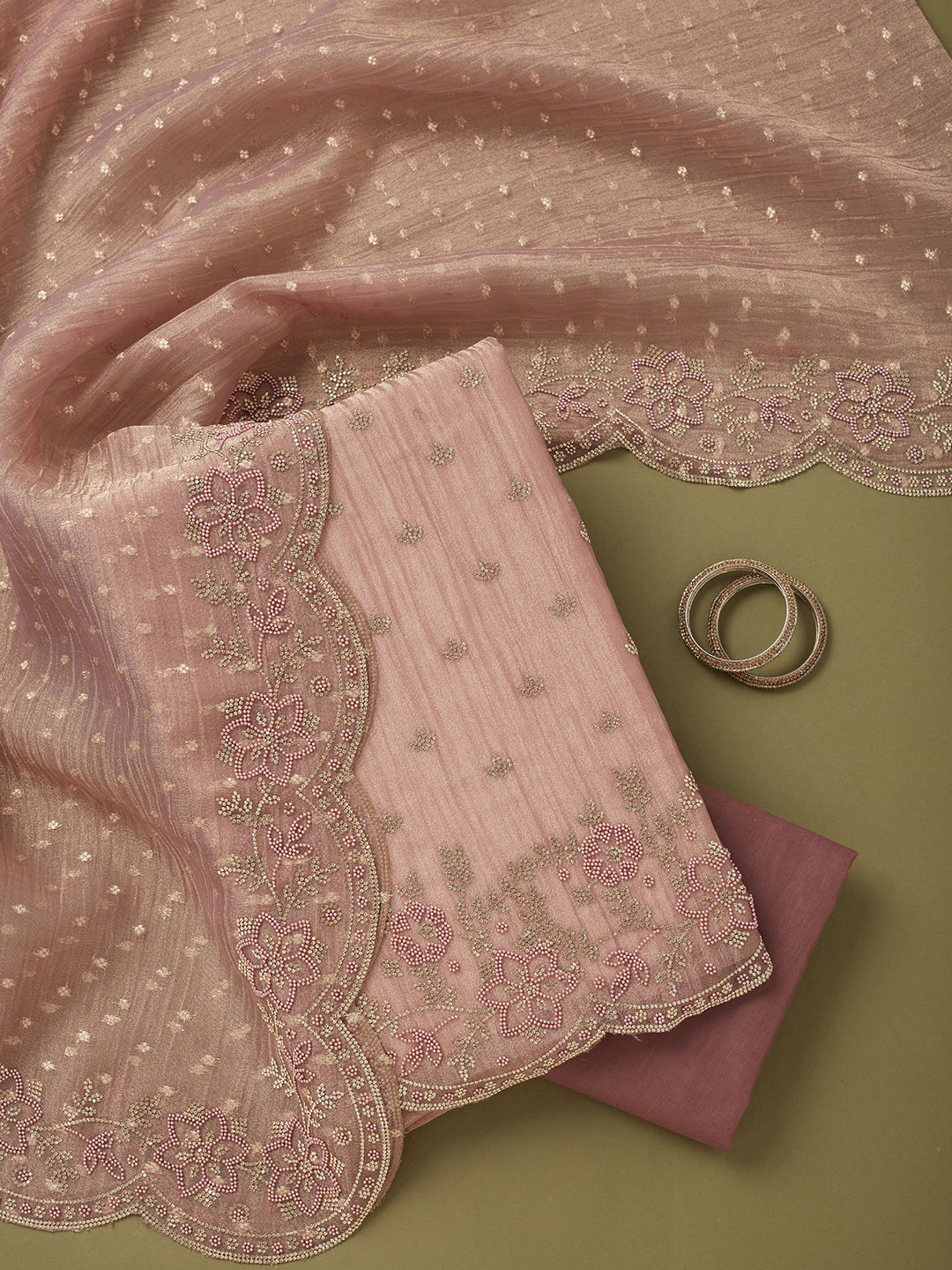 Light Lavender Tissue Gold Stonework Unstitched Dress Material With Matching Bottom And Dupatta