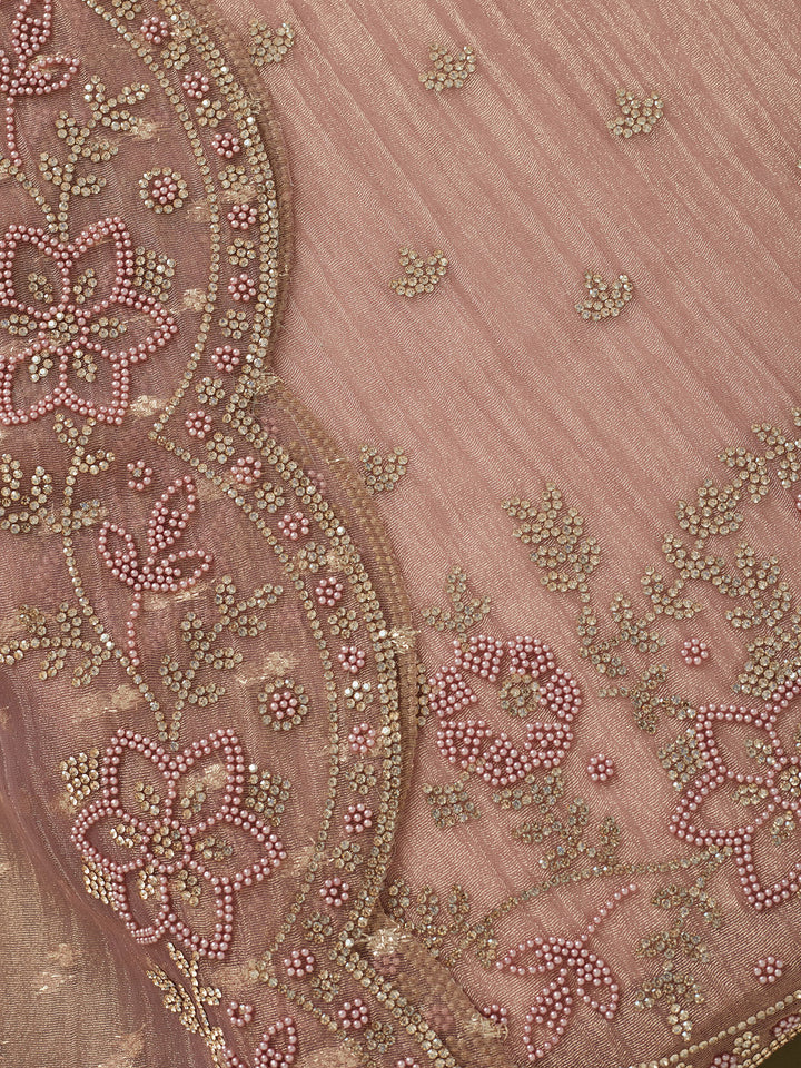 Light Lavender Tissue Gold Stonework Unstitched Dress Material With Matching Bottom And Dupatta