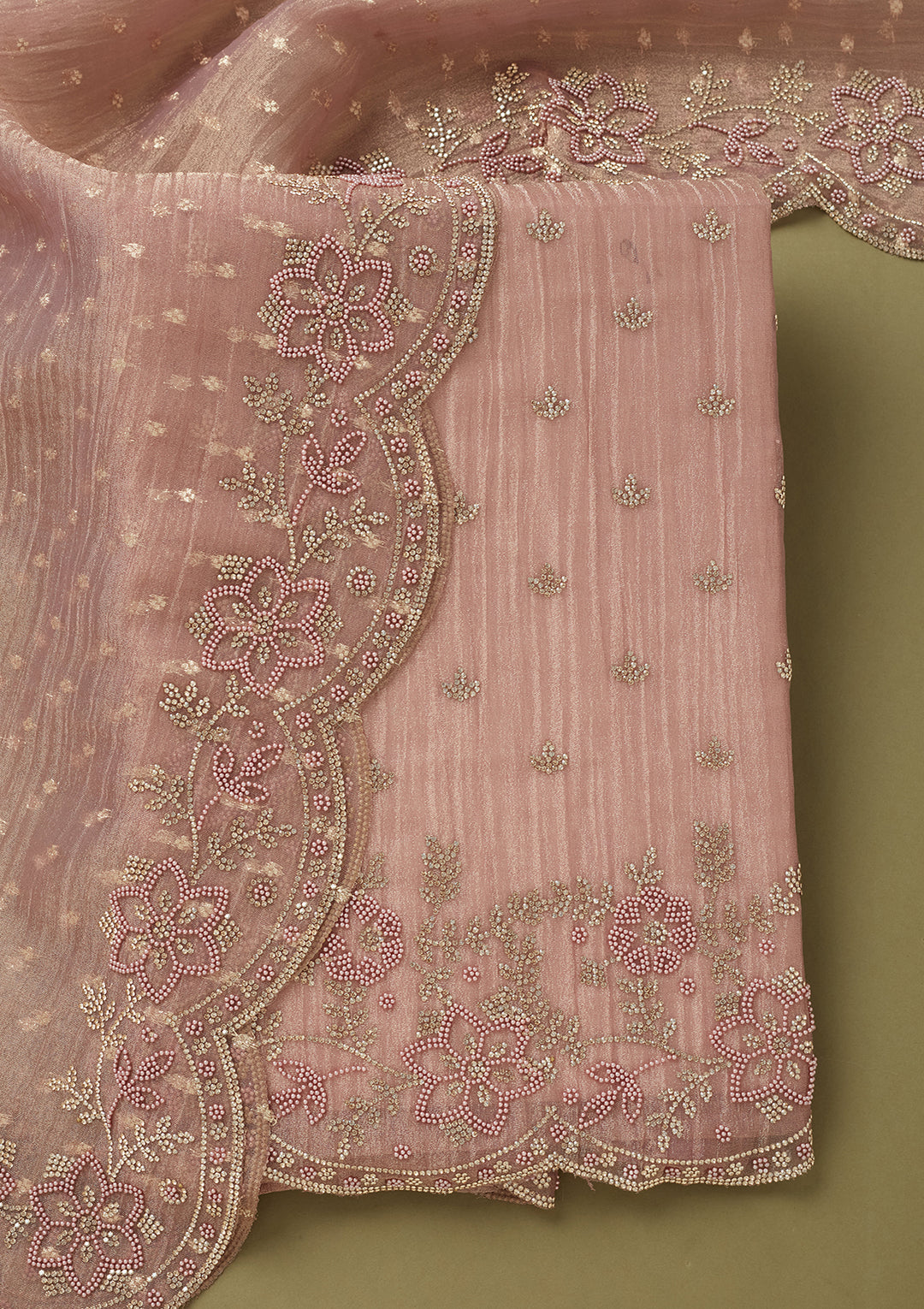 Light Lavender Tissue Gold Stonework Unstitched Dress Material With Matching Bottom And Dupatta