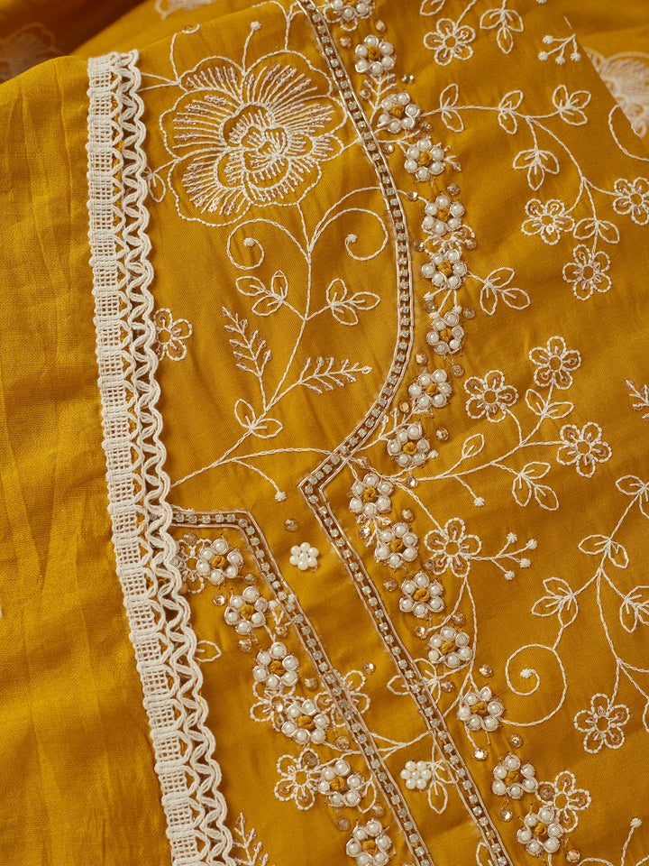 Mustard Yellow Crepe Pearlwork Unstitched Dress Material With Matching Bottom And Dupatta