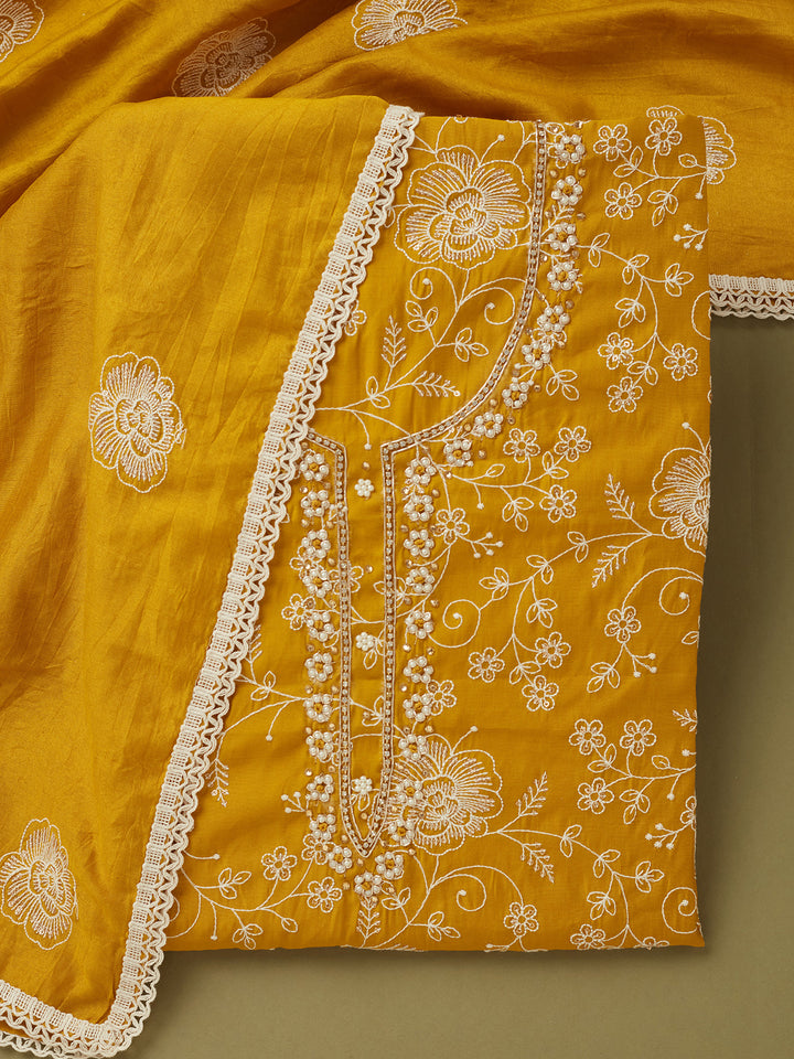 Mustard Yellow Crepe Pearlwork Unstitched Dress Material With Matching Bottom And Dupatta