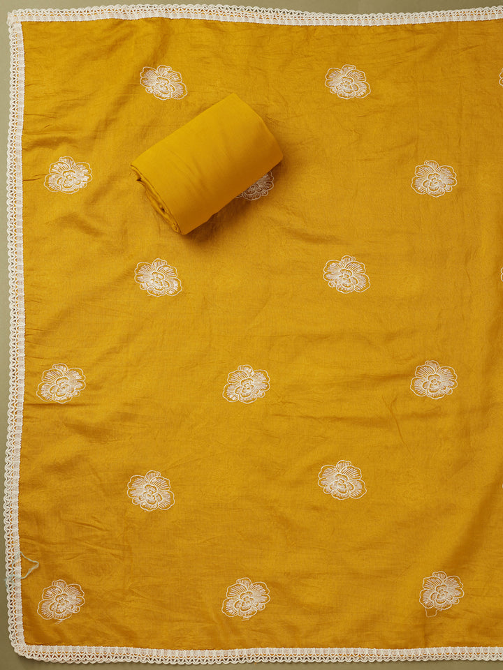 Mustard Yellow Crepe Pearlwork Unstitched Dress Material With Matching Bottom And Dupatta