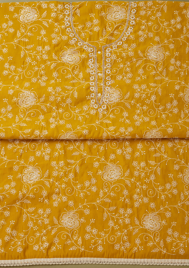 Mustard Yellow Crepe Pearlwork Unstitched Dress Material With Matching Bottom And Dupatta