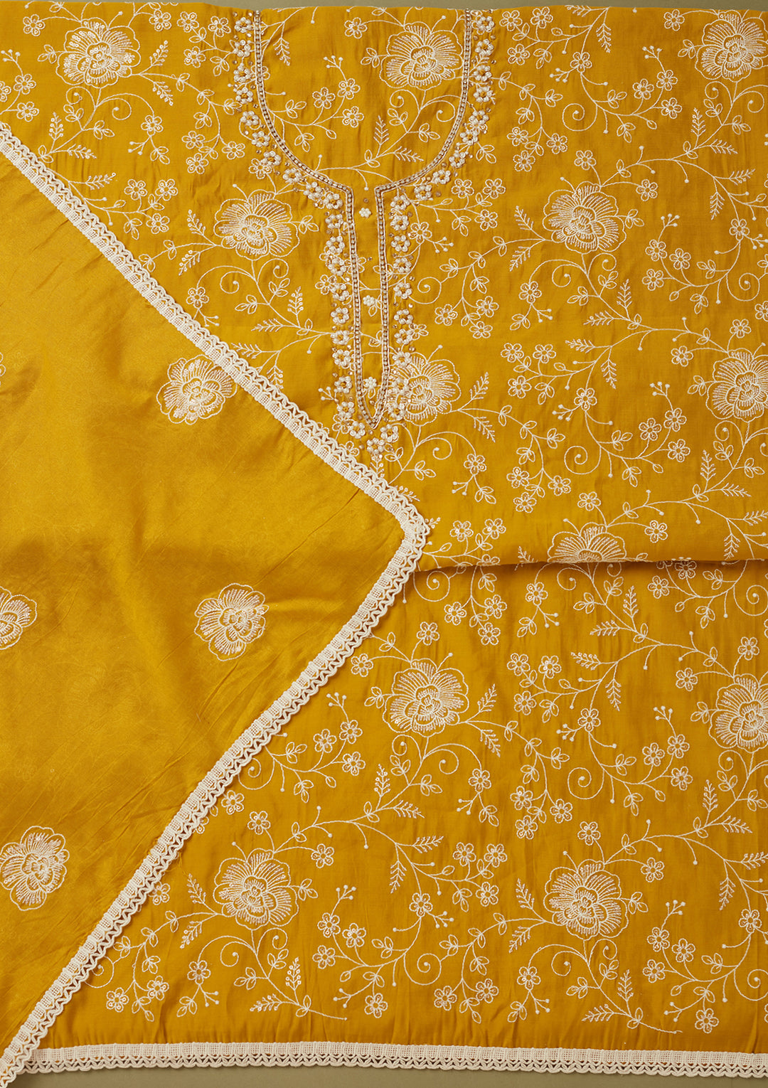 Mustard Yellow Crepe Pearlwork Unstitched Dress Material With Matching Bottom And Dupatta