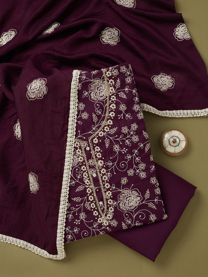 Purple Crepe Pearlwork Unstitched Dress Material With Matching Bottom And Dupatta
