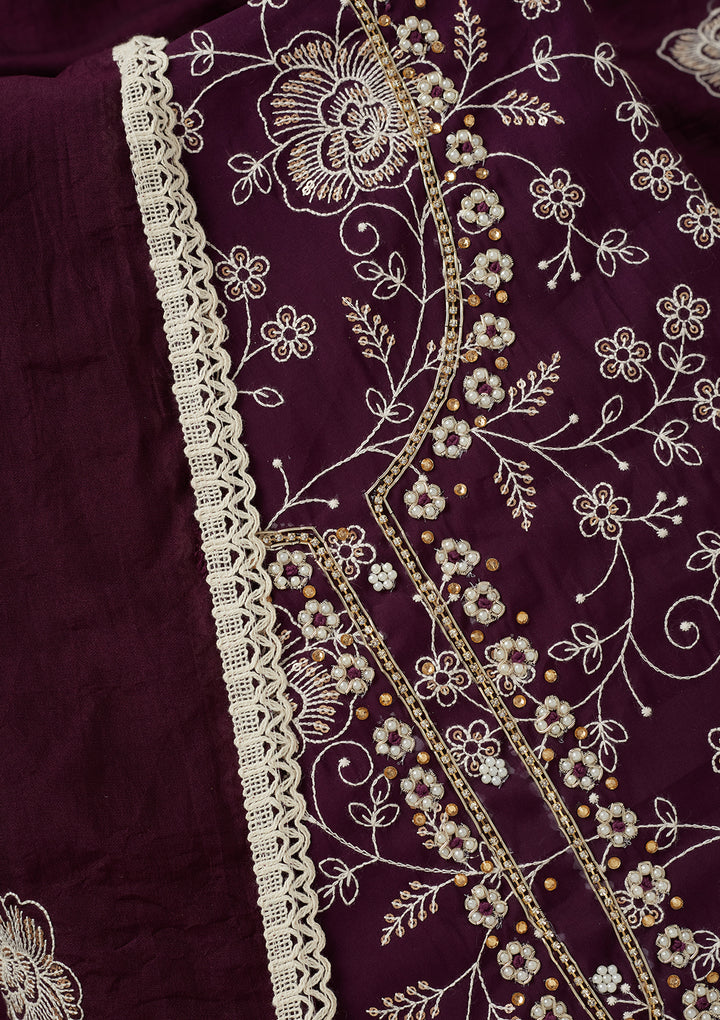 Purple Crepe Pearlwork Unstitched Dress Material With Matching Bottom And Dupatta