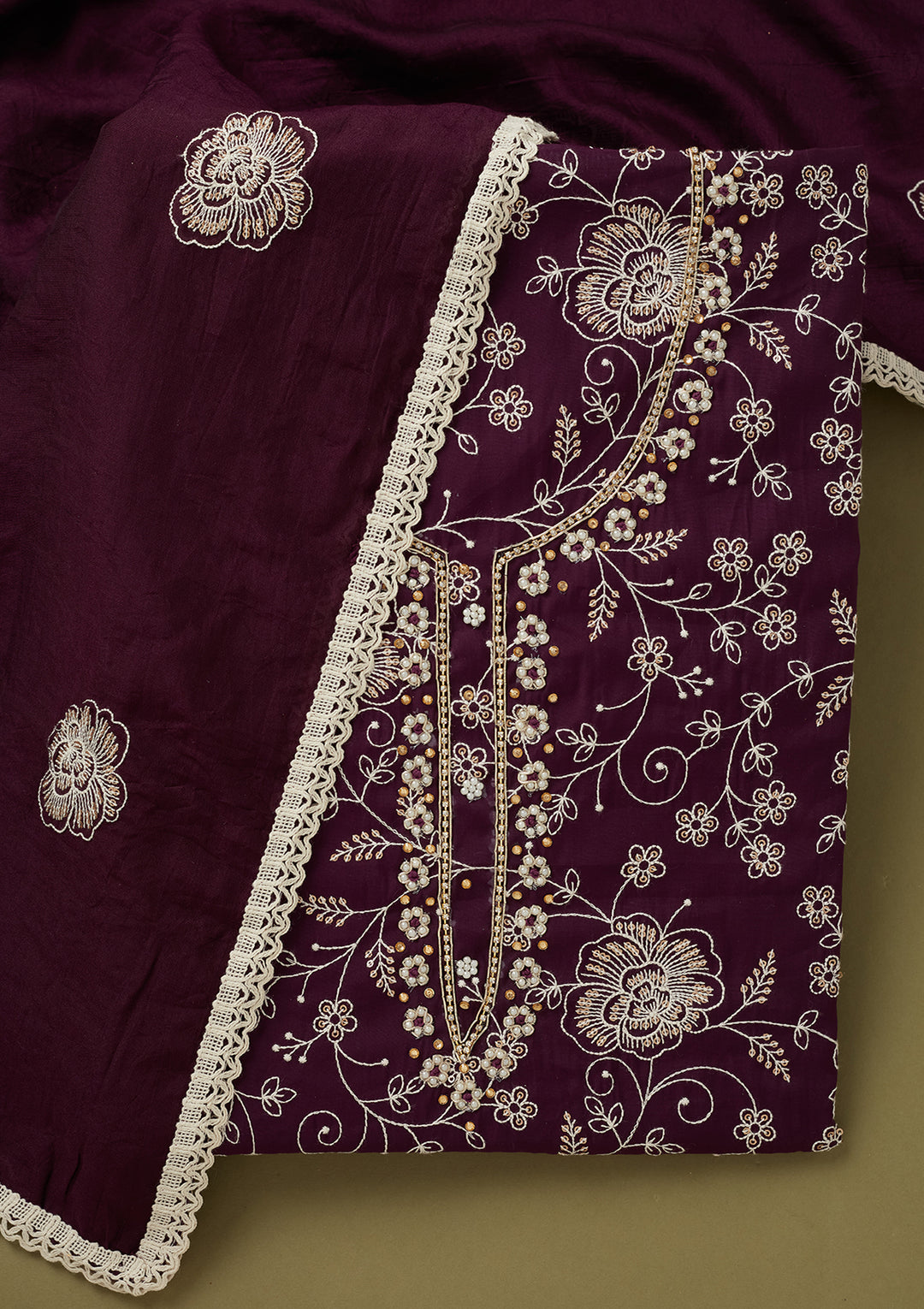 Purple Crepe Pearlwork Unstitched Dress Material With Matching Bottom And Dupatta