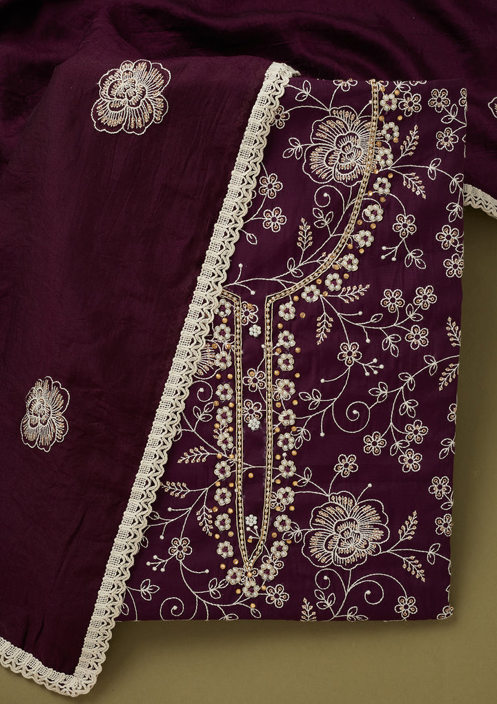 Purple Crepe Pearlwork Unstitched Dress Material With Matching Bottom And Dupatta