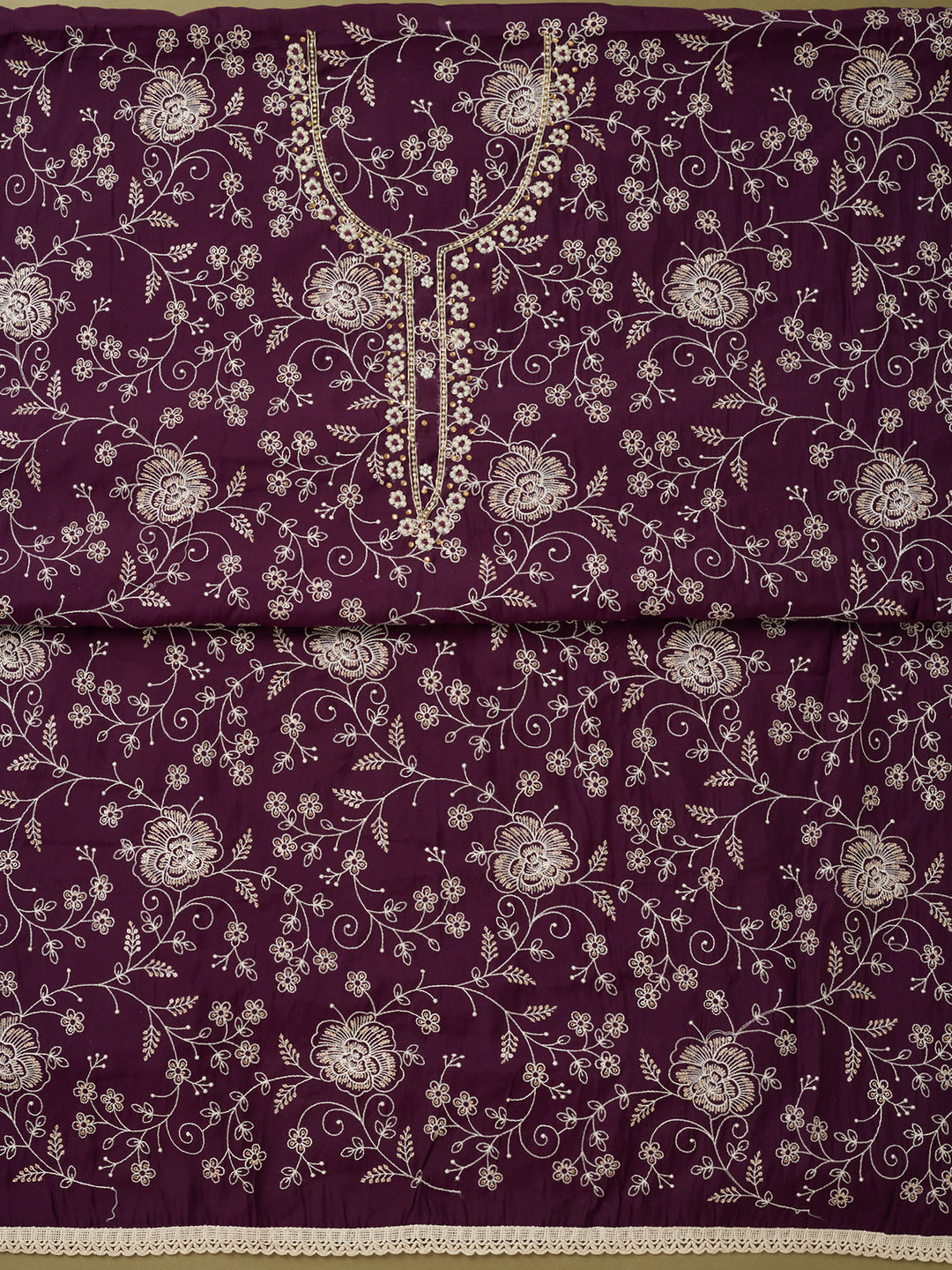 Purple Crepe Pearlwork Unstitched Dress Material With Matching Bottom And Dupatta
