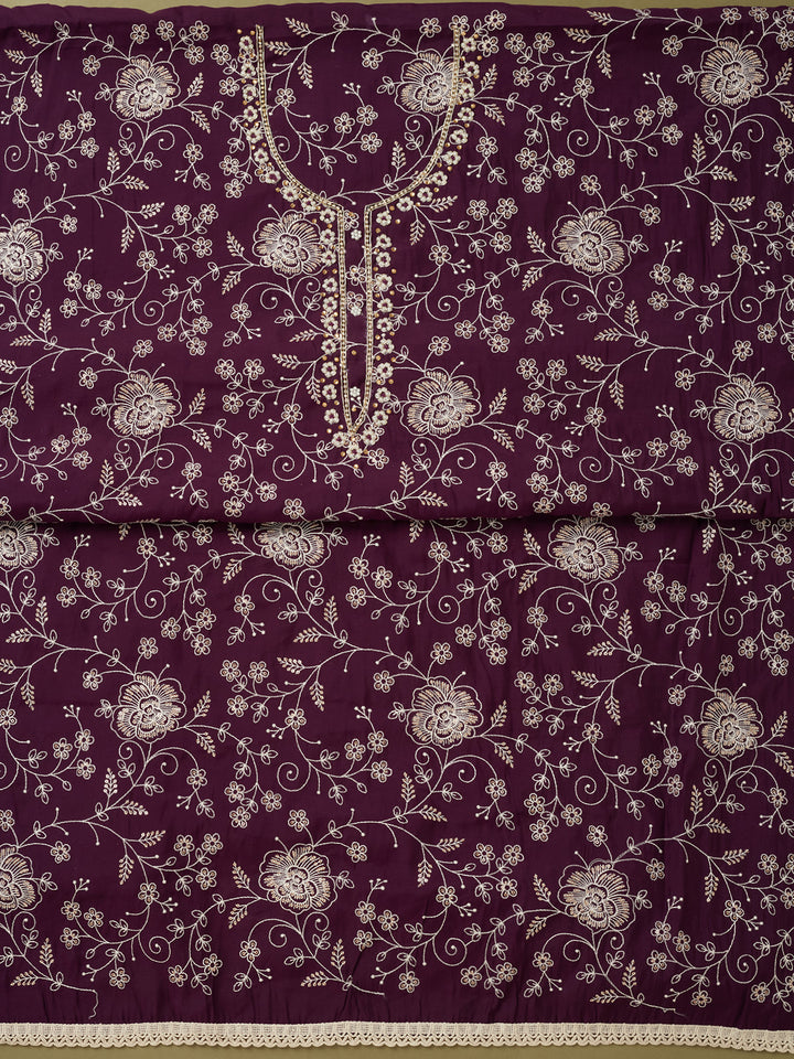 Purple Crepe Pearlwork Unstitched Dress Material With Matching Bottom And Dupatta