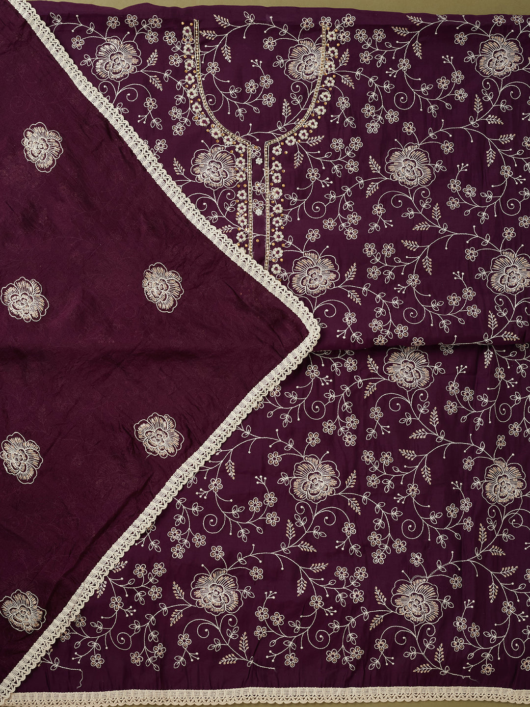 Purple Crepe Pearlwork Unstitched Dress Material With Matching Bottom And Dupatta