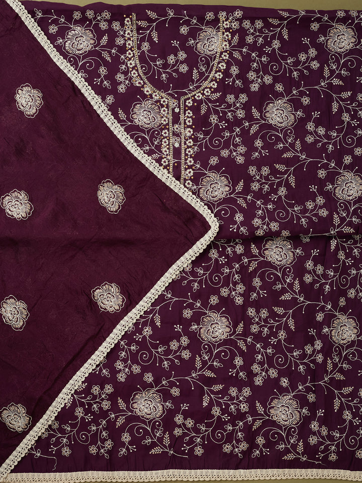 Purple Crepe Pearlwork Unstitched Dress Material With Matching Bottom And Dupatta