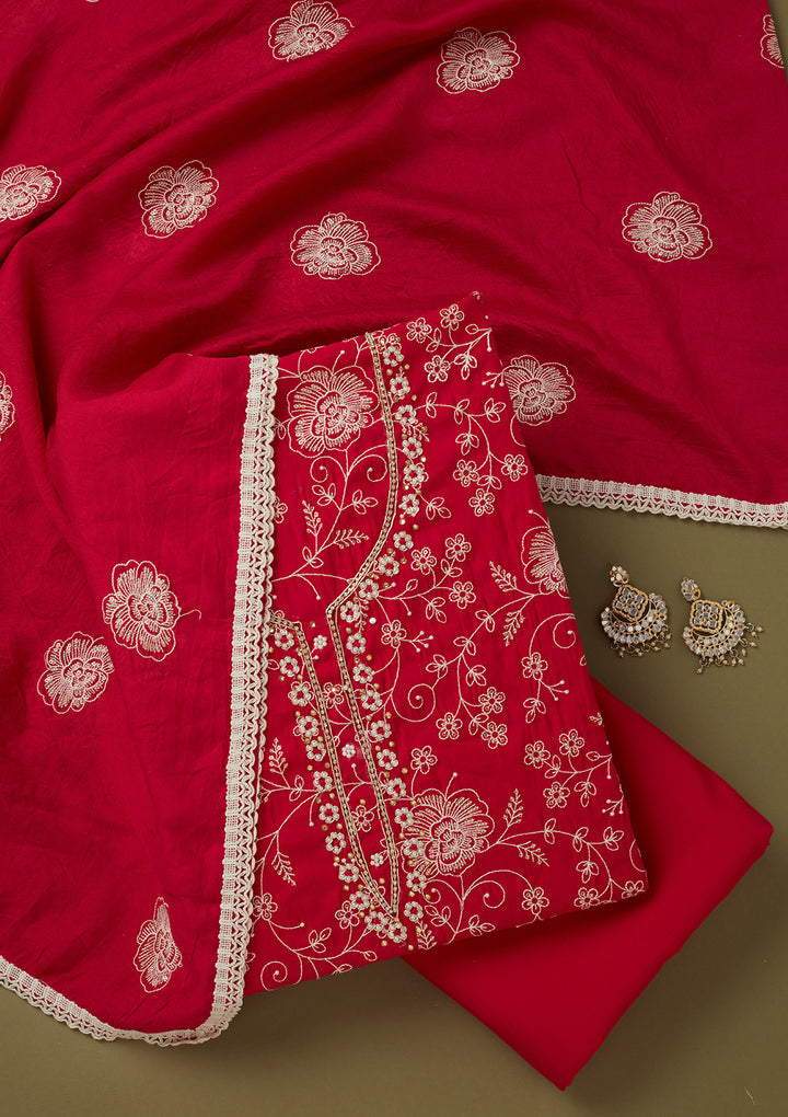 Rani Pink Crepe Pearlwork Unstitched Dress Material With Matching Bottom And Dupatta