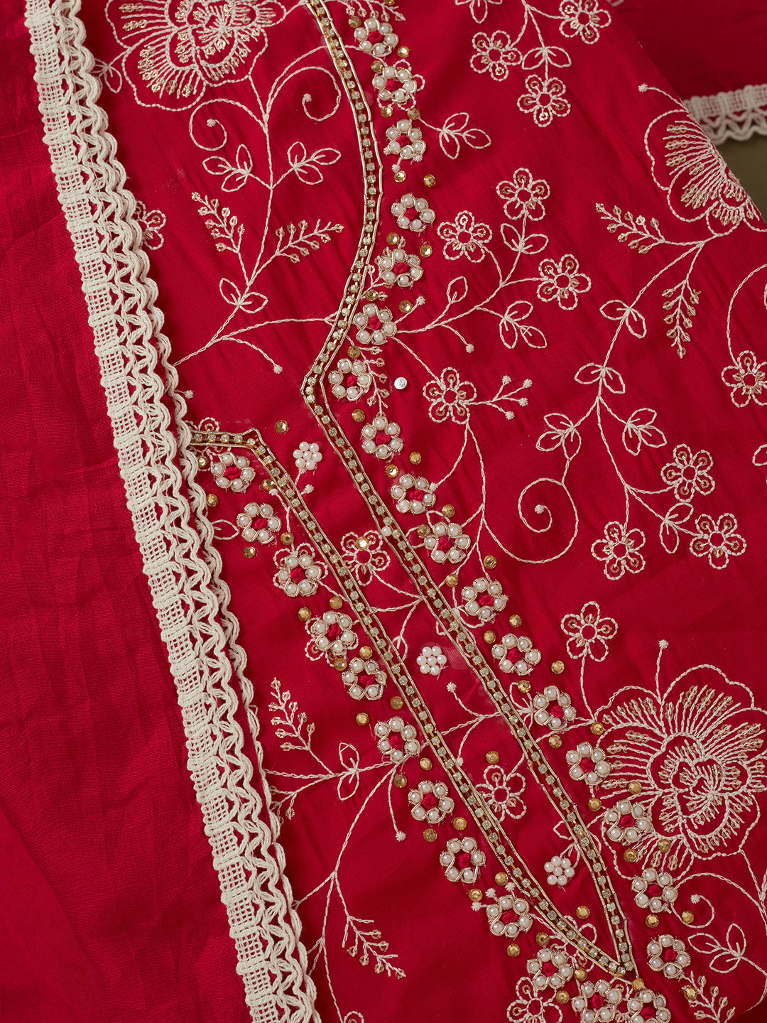 Rani Pink Crepe Pearlwork Unstitched Dress Material With Matching Bottom And Dupatta