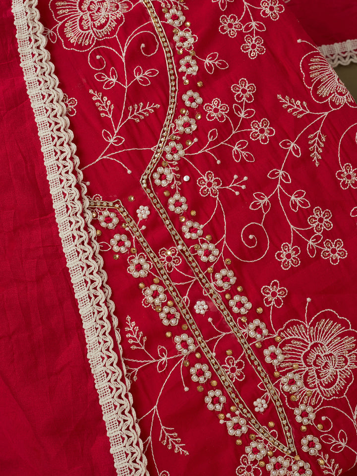 Rani Pink Crepe Pearlwork Unstitched Dress Material With Matching Bottom And Dupatta