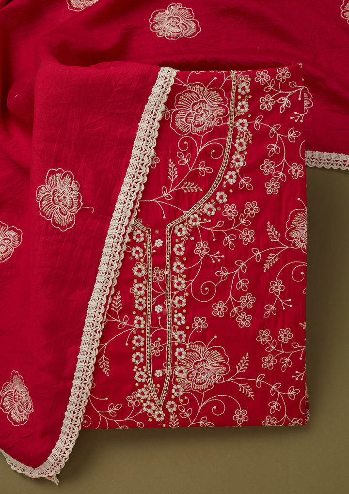 Rani Pink Crepe Pearlwork Unstitched Dress Material With Matching Bottom And Dupatta