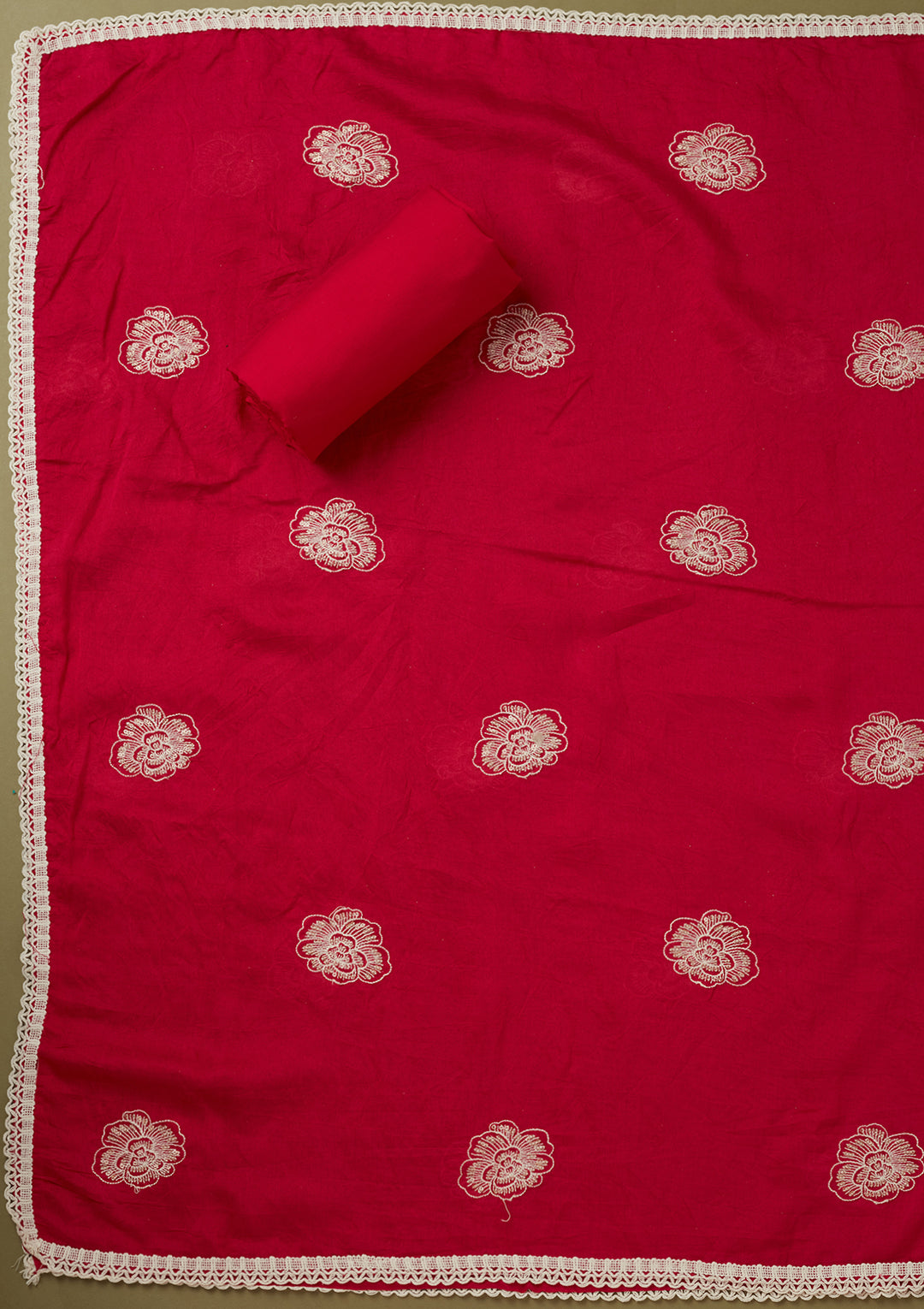 Rani Pink Crepe Pearlwork Unstitched Dress Material With Matching Bottom And Dupatta