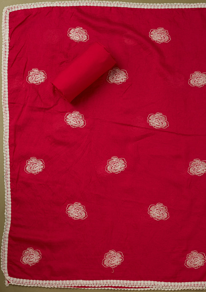 Rani Pink Crepe Pearlwork Unstitched Dress Material With Matching Bottom And Dupatta