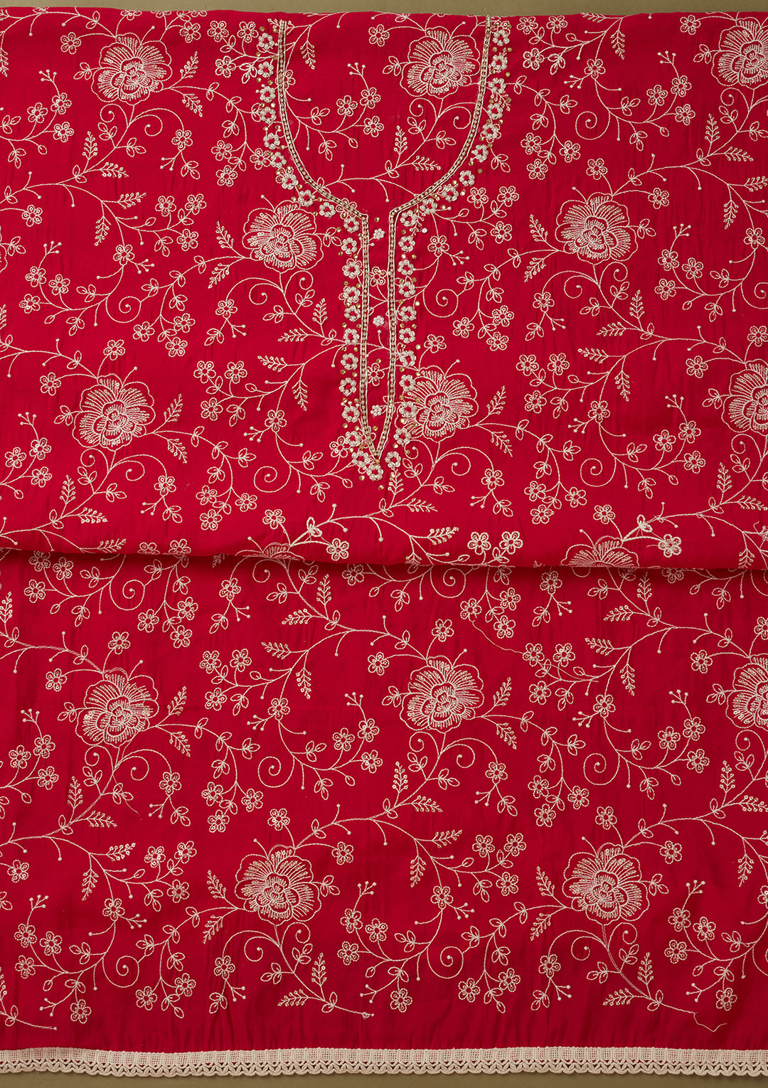 Rani Pink Crepe Pearlwork Unstitched Dress Material With Matching Bottom And Dupatta