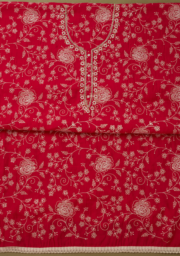 Rani Pink Crepe Pearlwork Unstitched Dress Material With Matching Bottom And Dupatta