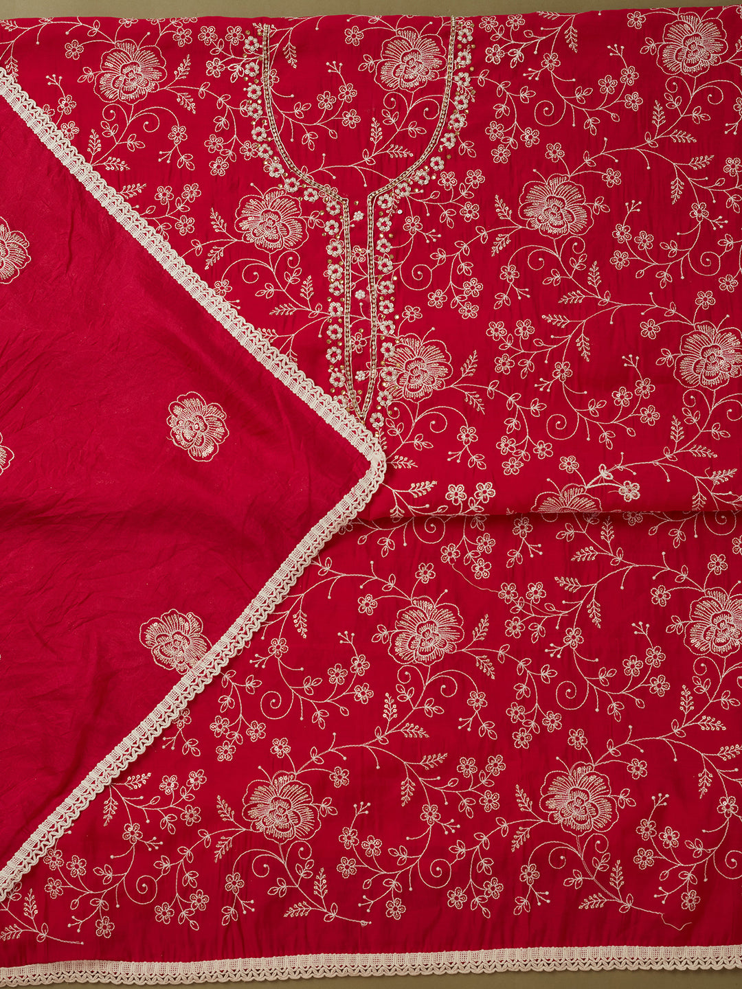 Rani Pink Crepe Pearlwork Unstitched Dress Material With Matching Bottom And Dupatta