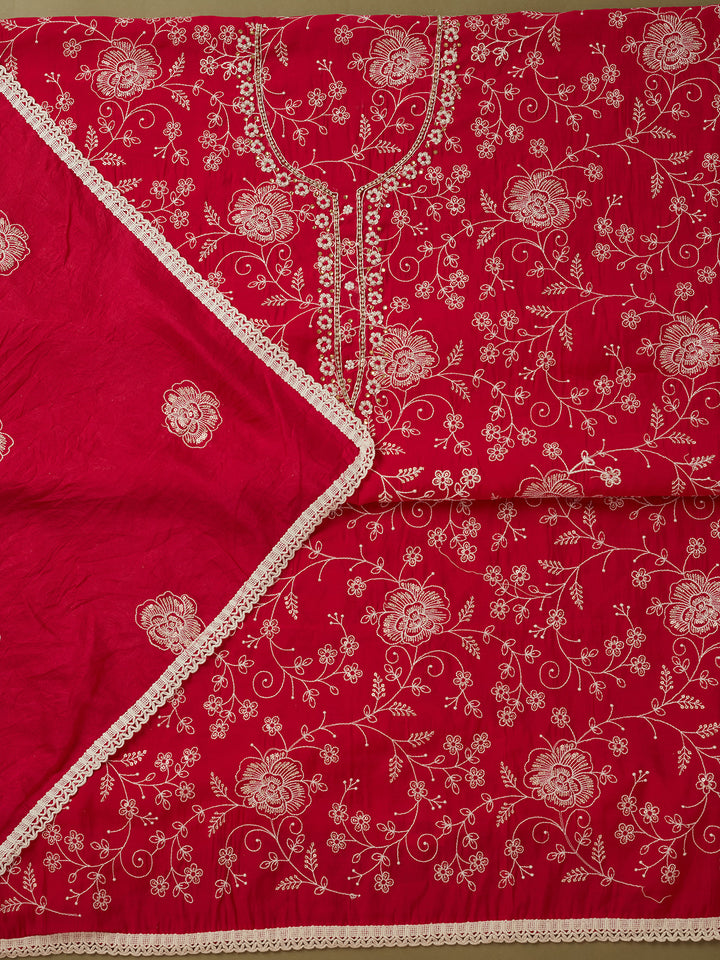 Rani Pink Crepe Pearlwork Unstitched Dress Material With Matching Bottom And Dupatta