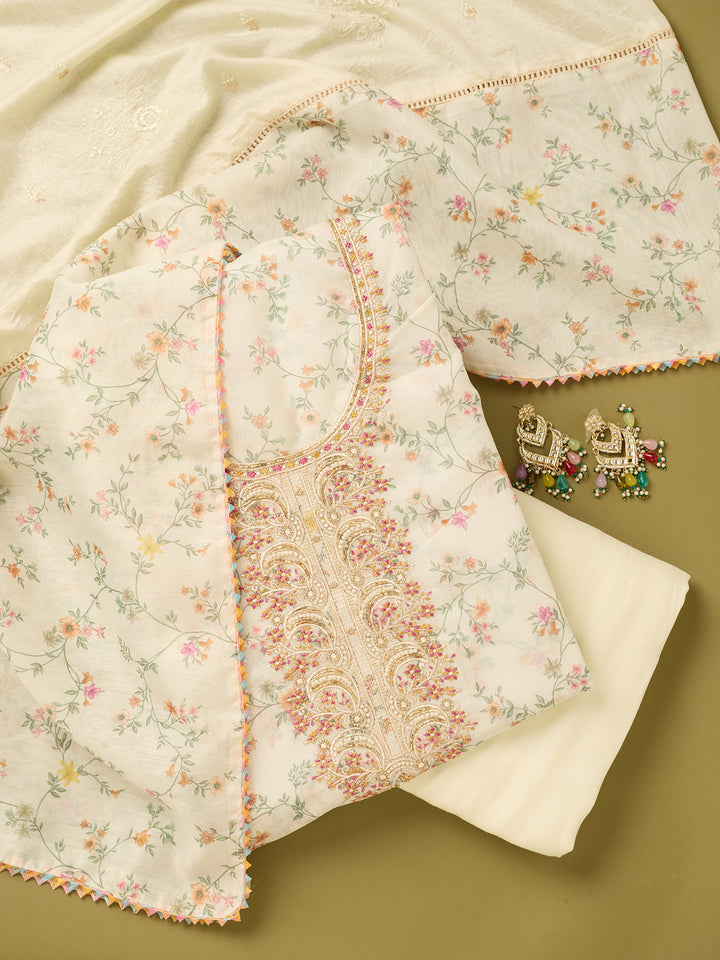 Off White Multi Cotton Floral Threadwork Unstitched Dress Material With Matching Bottom And Dupatta
