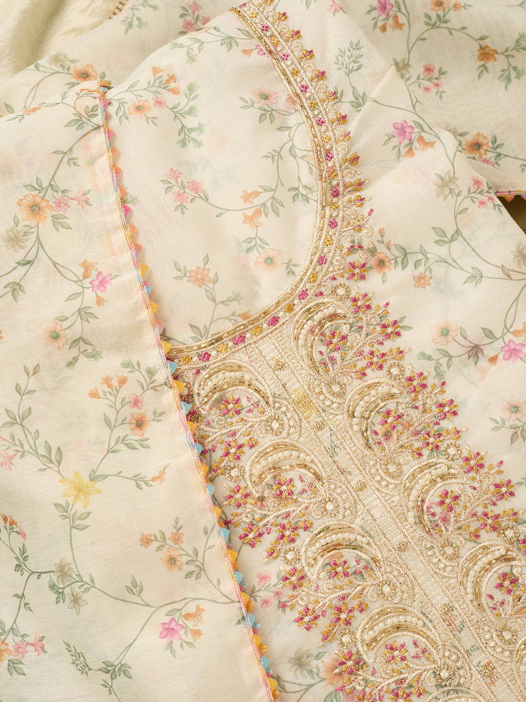 Off White Multi Cotton Floral Threadwork Unstitched Dress Material With Matching Bottom And Dupatta
