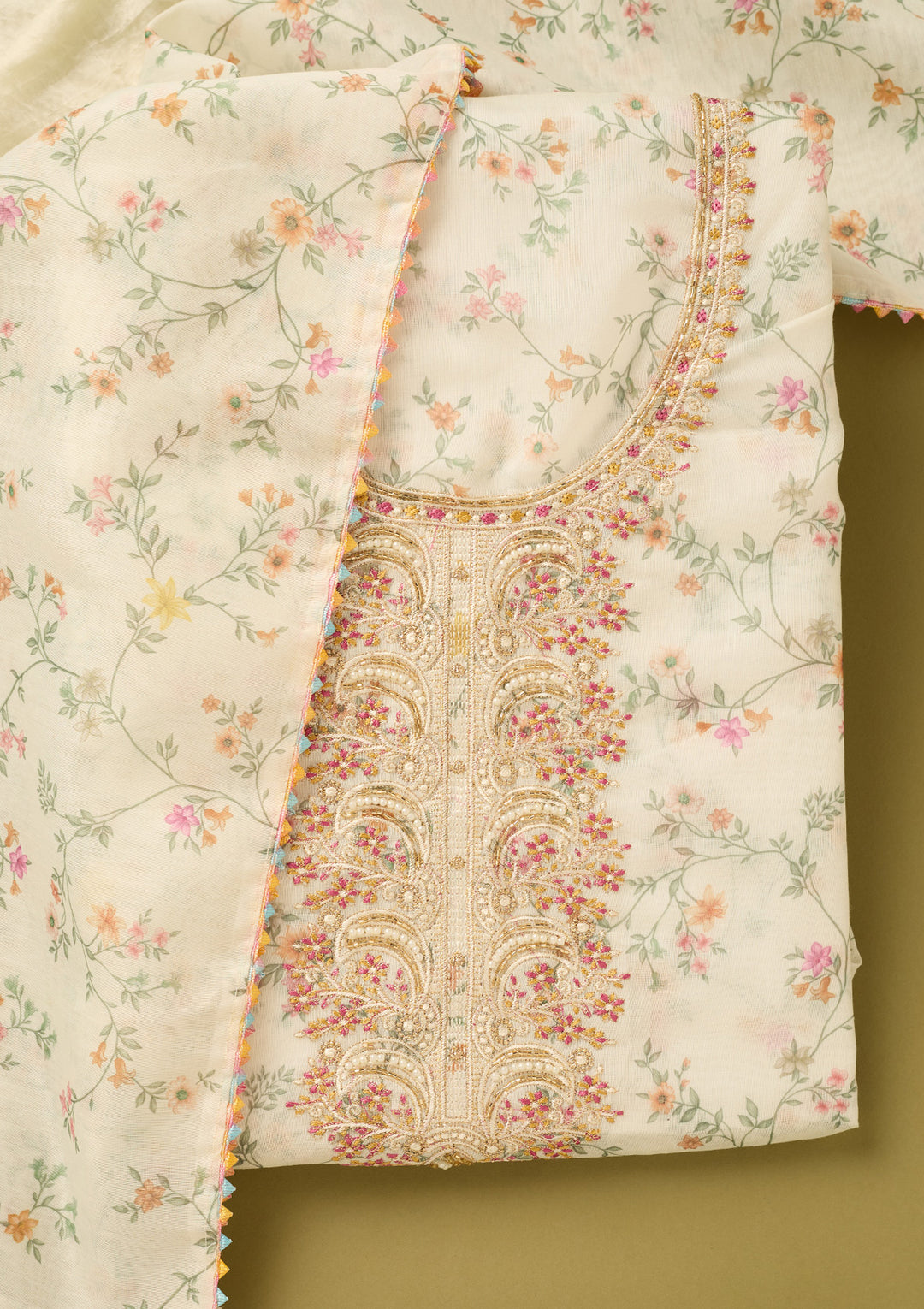 Off White Multi Cotton Floral Threadwork Unstitched Dress Material With Matching Bottom And Dupatta
