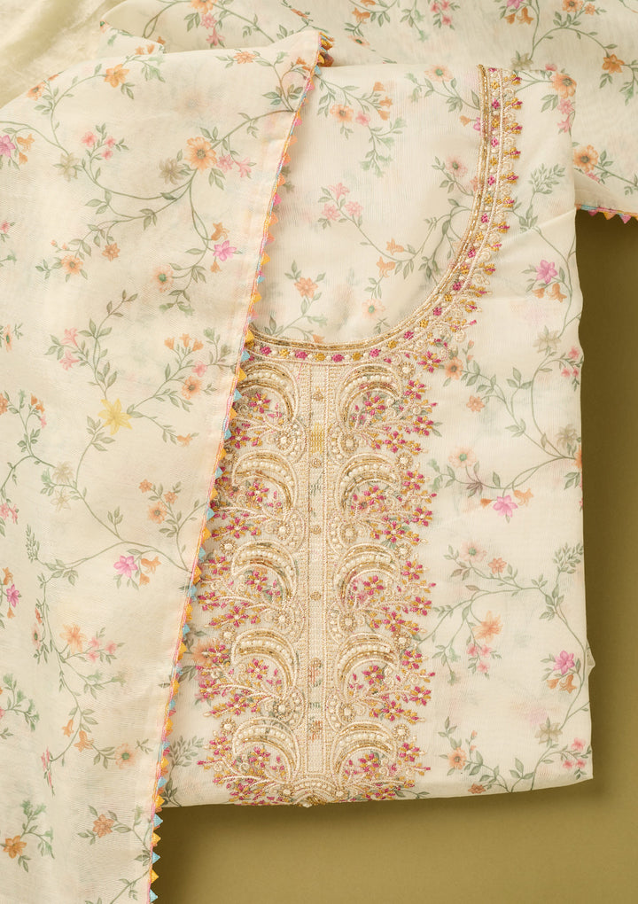 Off White Multi Cotton Floral Threadwork Unstitched Dress Material With Matching Bottom And Dupatta
