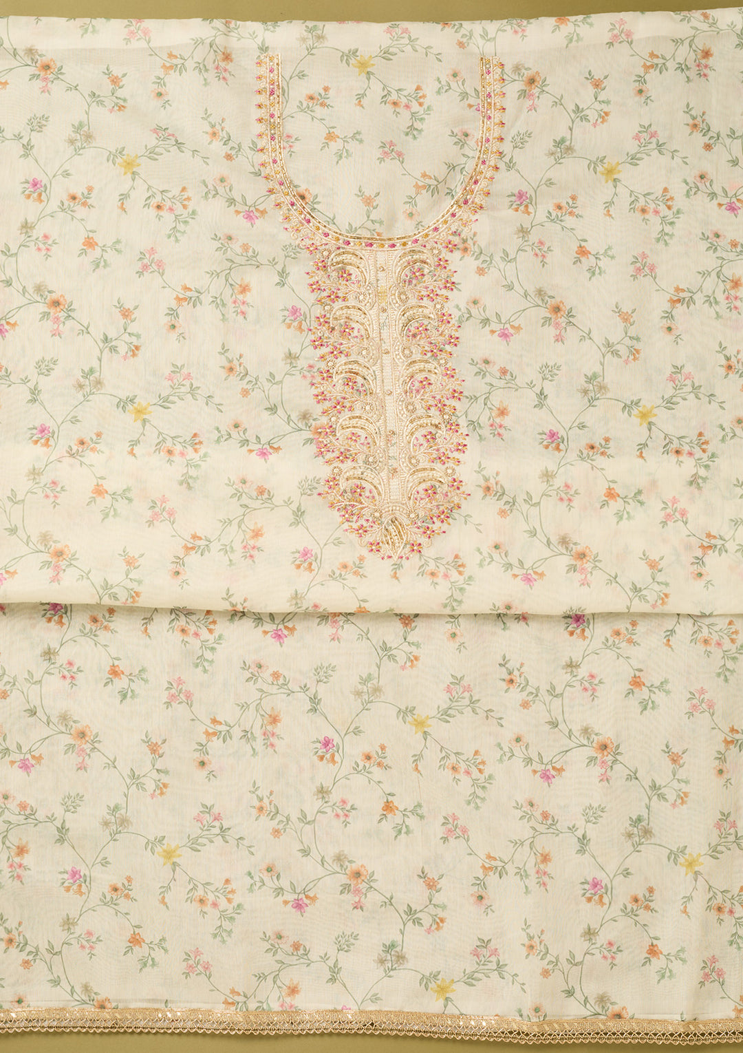 Off White Multi Cotton Floral Threadwork Unstitched Dress Material With Matching Bottom And Dupatta