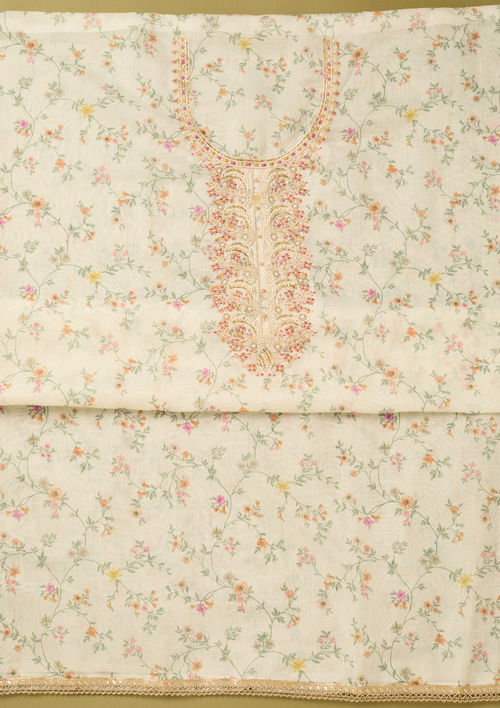 Off White Multi Cotton Floral Threadwork Unstitched Dress Material With Matching Bottom And Dupatta