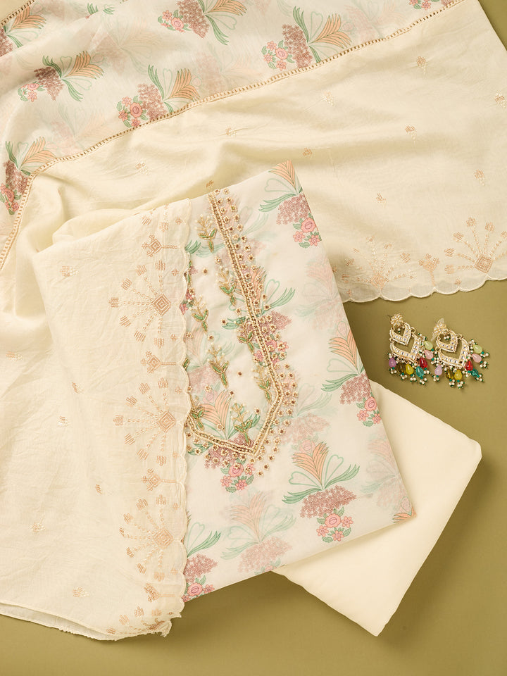 Off White Multi Cotton Threadwork Unstitched Dress Material With Matching Bottom And Dupatta