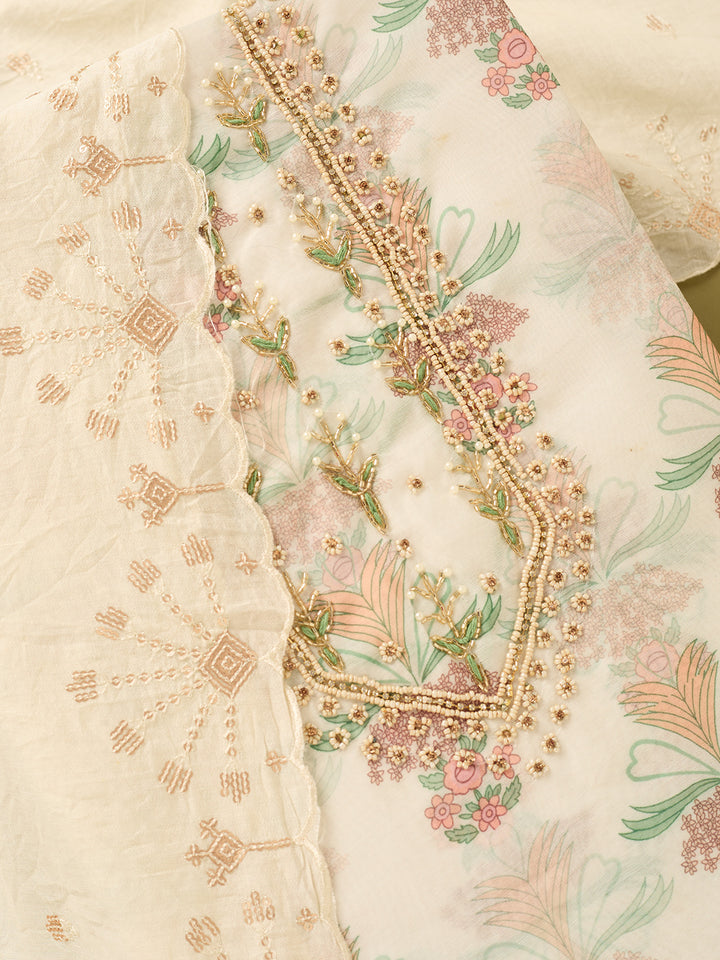 Off White Multi Cotton Threadwork Unstitched Dress Material With Matching Bottom And Dupatta