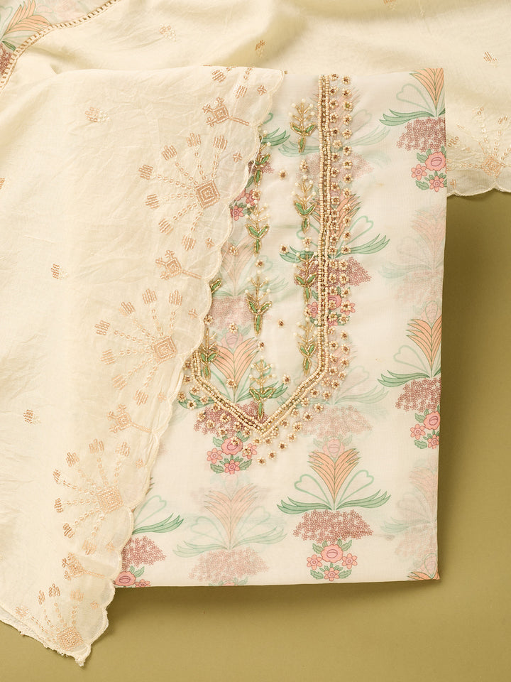 Off White Multi Cotton Threadwork Unstitched Dress Material With Matching Bottom And Dupatta