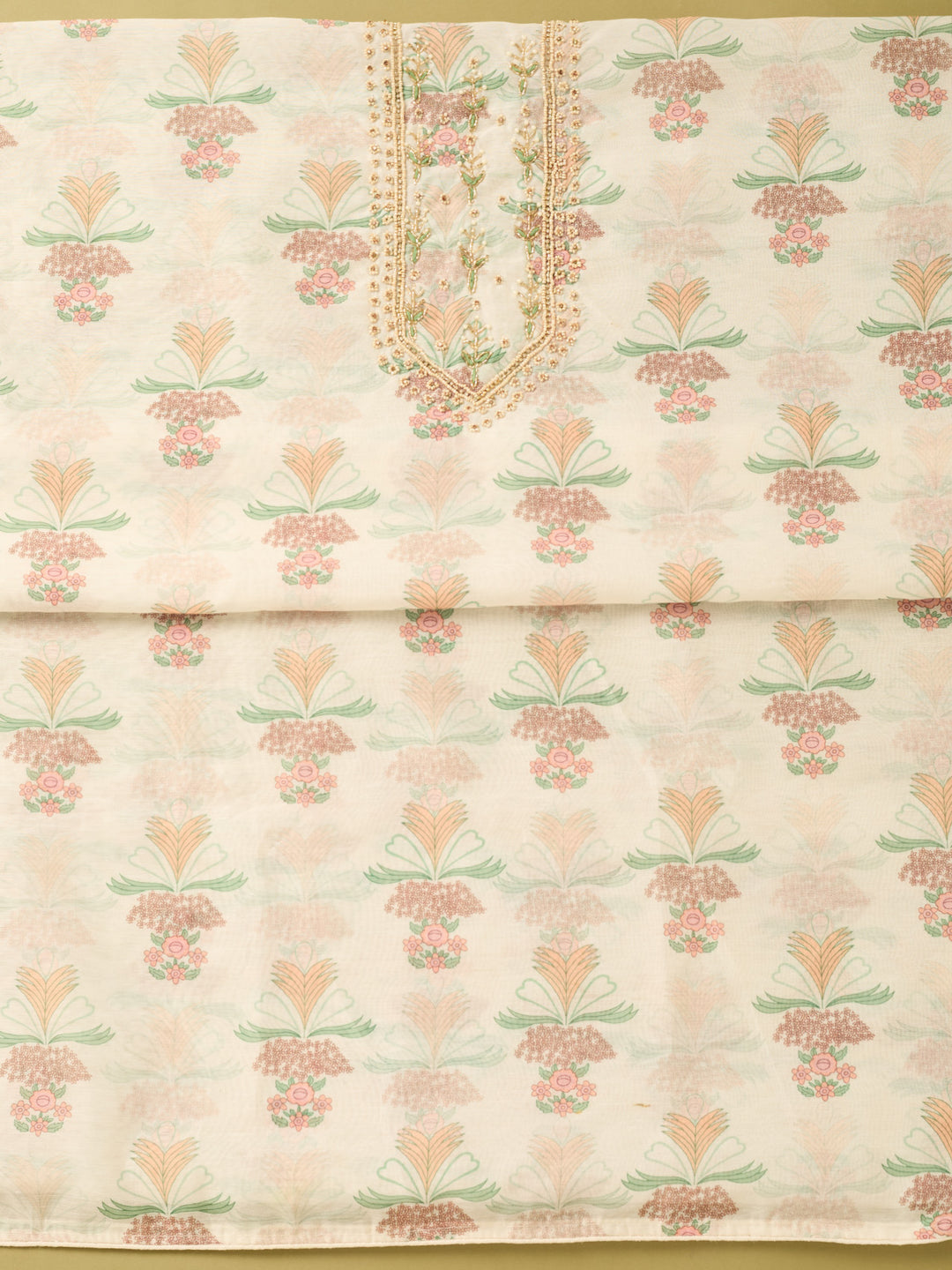 Off White Multi Cotton Threadwork Unstitched Dress Material With Matching Bottom And Dupatta