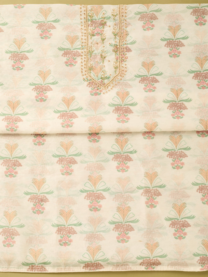 Off White Multi Cotton Threadwork Unstitched Dress Material With Matching Bottom And Dupatta