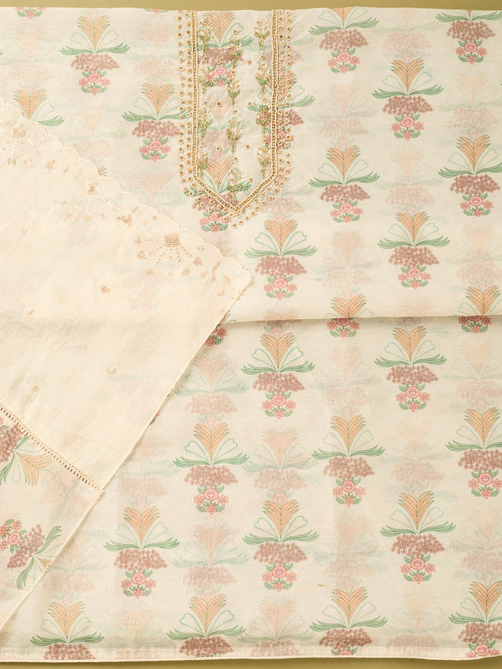 Off White Multi Cotton Threadwork Unstitched Dress Material With Matching Bottom And Dupatta
