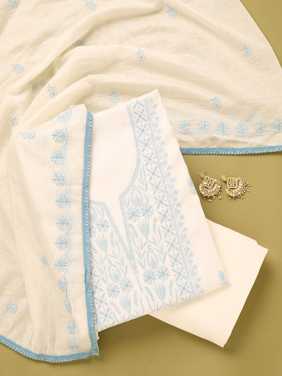 Off White Sky Blue Cotton Threadwork Unstitched Dress Material With Matching Bottom And Dupatta