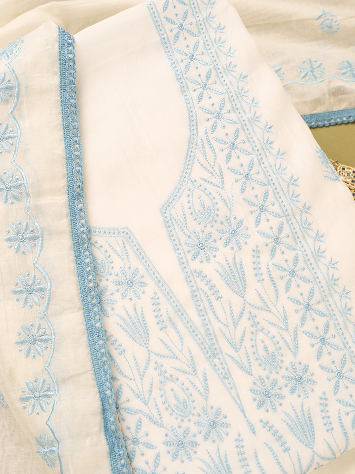 Off White Sky Blue Cotton Threadwork Unstitched Dress Material With Matching Bottom And Dupatta